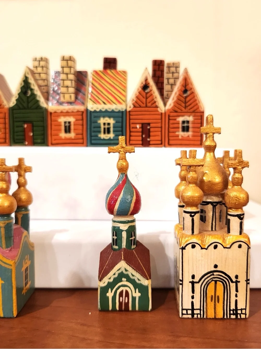 10 pc. Incredible Vintage Hand Painted Wood Russian Churches & Village Folk Art